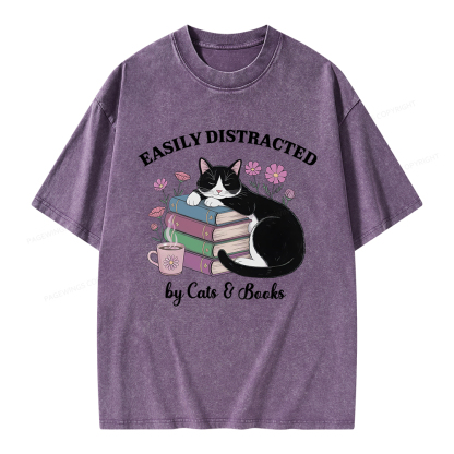 Pagewings Easily Distracted By Cats & Books Unisex Washed T-shirt