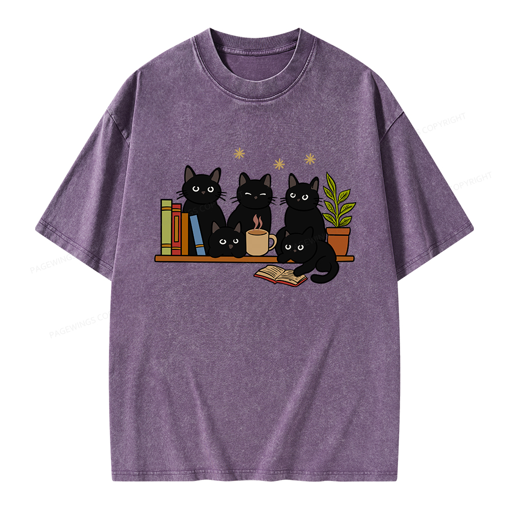 Pagewings Cat On Bookshelf Unisex Washed T-shirt