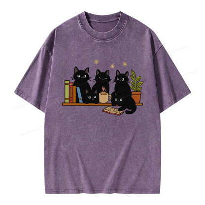 Pagewings Cat On Bookshelf Unisex Washed T-shirt