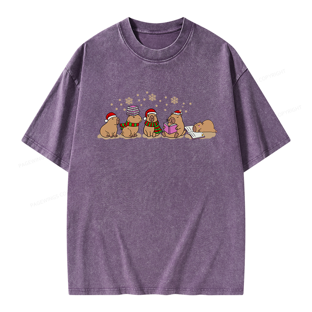 Pagewings Capybara Christmas Reading Unisex Washed T-shirt