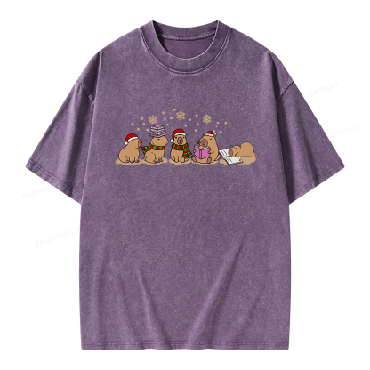Pagewings Capybara Christmas Reading Unisex Washed T-shirt