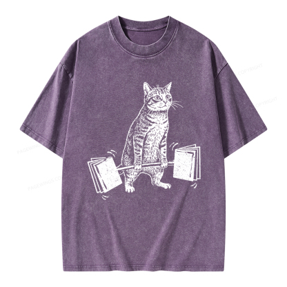 Pagewings Funny Cat Love Books Unisex Washed T-shirt