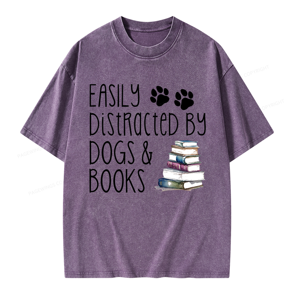 Pagewings Easily Distracted By Dogs And Books Unisex Washed T-shirt