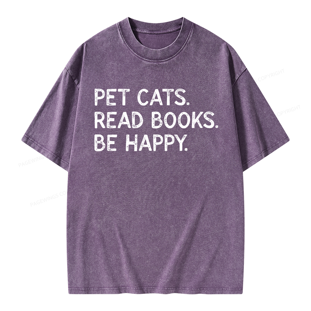 Pagewings Pet Cats Read Books Be Happy Unisex Washed T-shirt