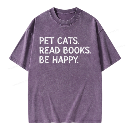 Pagewings Pet Cats Read Books Be Happy Unisex Washed T-shirt