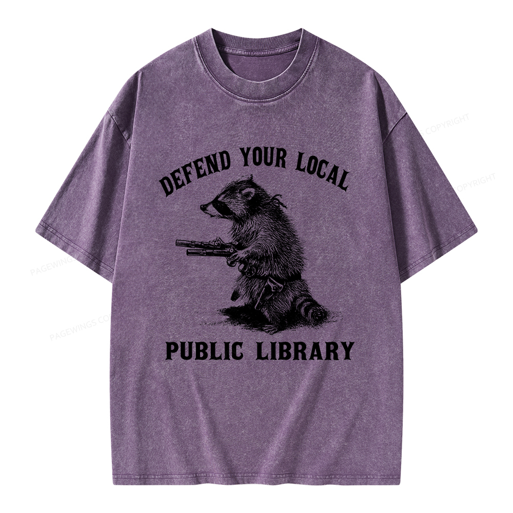 Pagewings Raccoon Defend Your Local Public Library Unisex Washed T-shirt