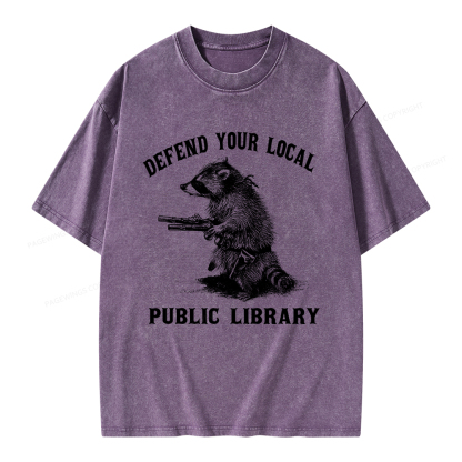 Pagewings Raccoon Defend Your Local Public Library Unisex Washed T-shirt