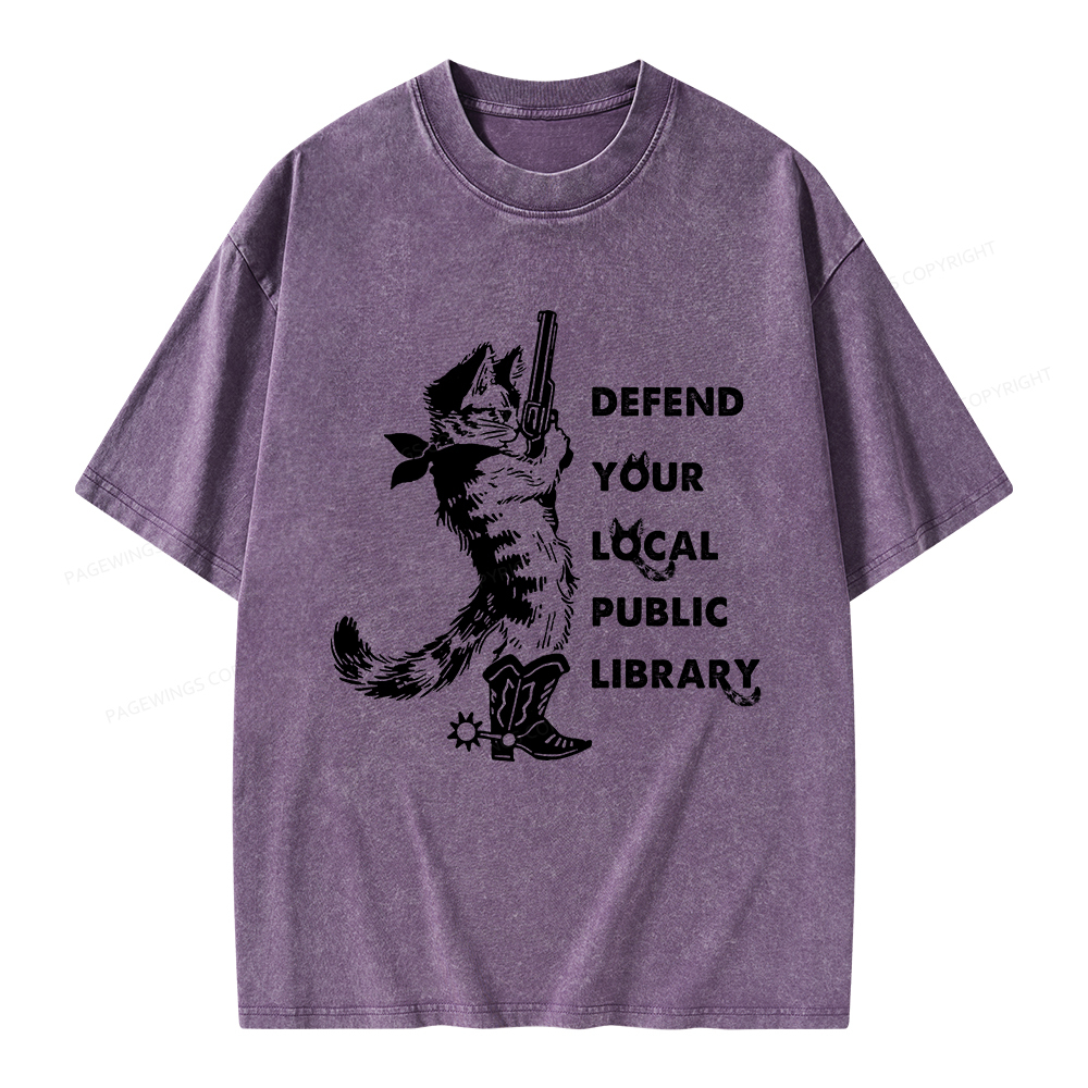 Pagewings Cat Defend Your Local Public Library Unisex Washed T-shirt