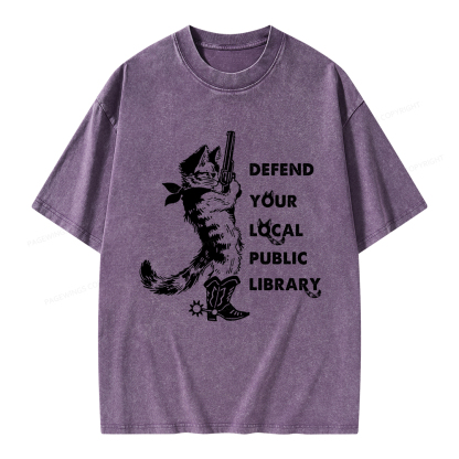 Pagewings Cat Defend Your Local Public Library Unisex Washed T-shirt