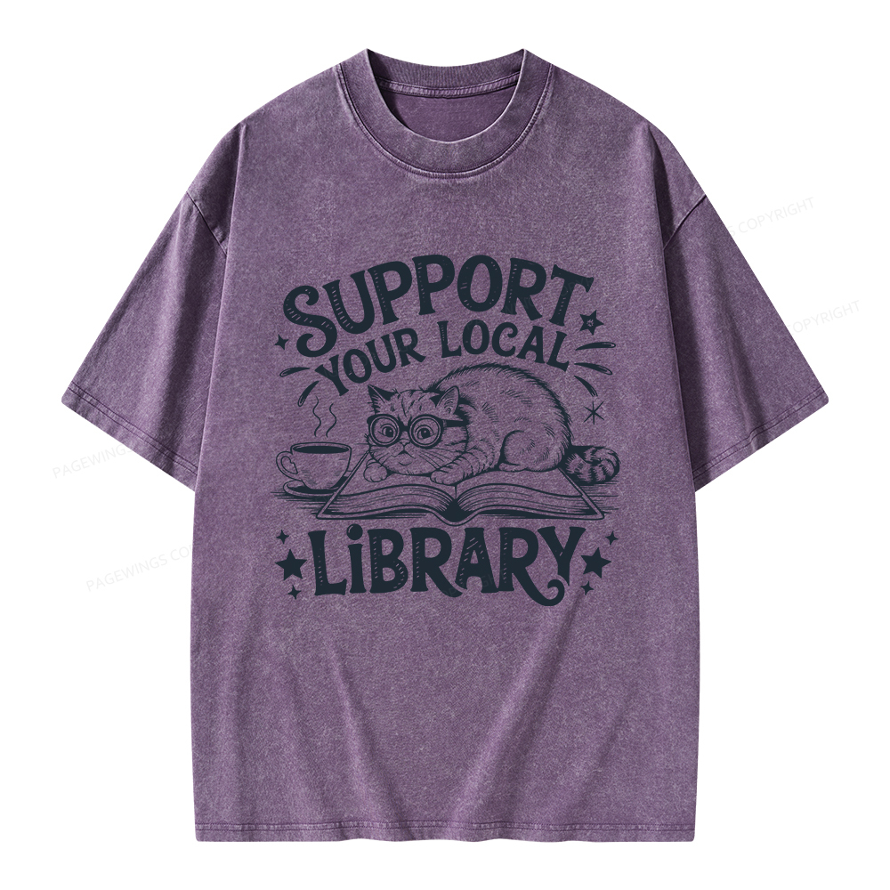 Pagewings Support Your Local Library Cat  Unisex Washed T-shirt