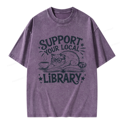 Pagewings Support Your Local Library Cat  Unisex Washed T-shirt
