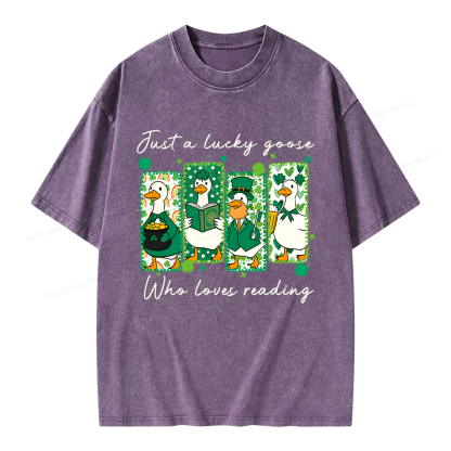 Pagewings St Patrick’s Day Just A Lucky Goose Who Loves Reading Unisex Washed T-shirt