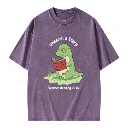Pagewings Unearth A Story Dinosaur Summer Reading Unisex Washed T-shirt