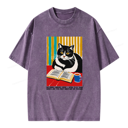 Pagewings Ational Library Week Cat Poster Unisex Washed T-shirt