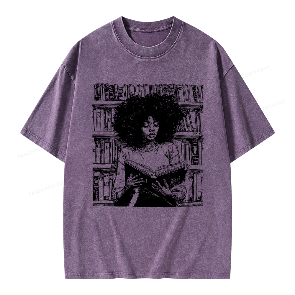 Pagewings Black Girl Reading Unisex Washed T-shirt