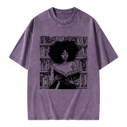 Pagewings Black Girl Reading Unisex Washed T-shirt