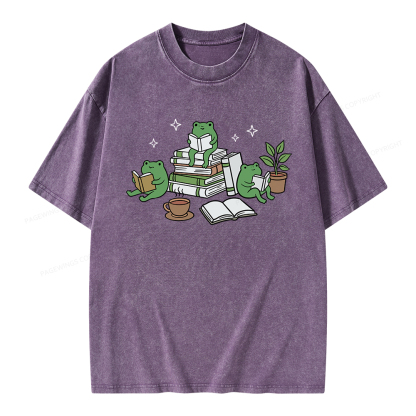 Pagewings Frogs and Books Unisex Washed T-shirt