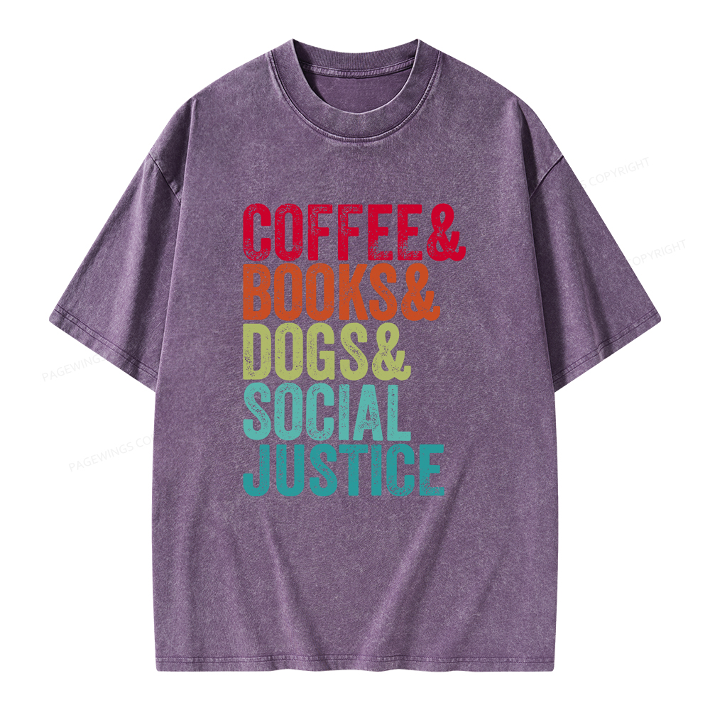 Pagewings Books Coffee Dogs Social Justice Unisex Washed T-shirt
