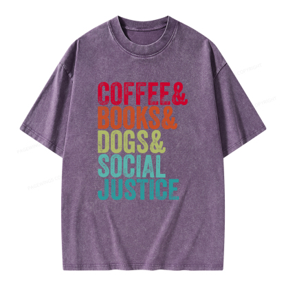 Pagewings Books Coffee Dogs Social Justice Unisex Washed T-shirt