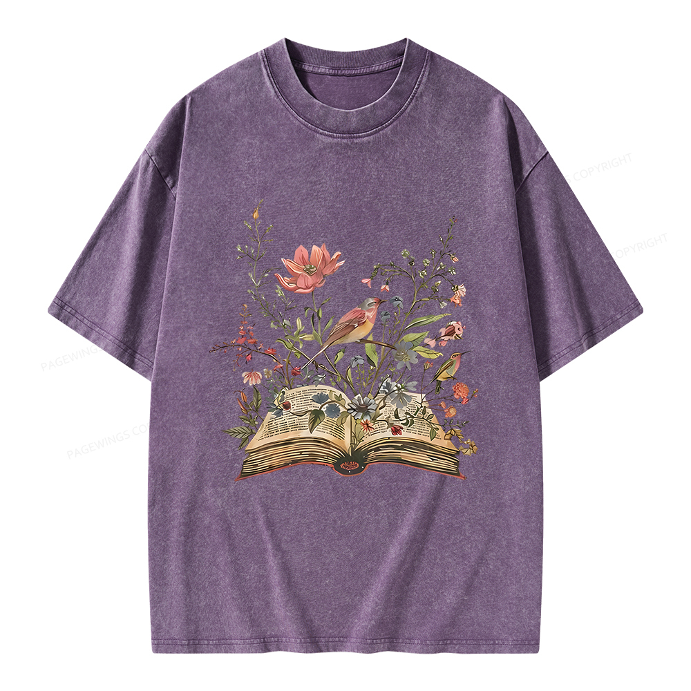 Pagewings Book Flowers Unisex Washed T-shirt