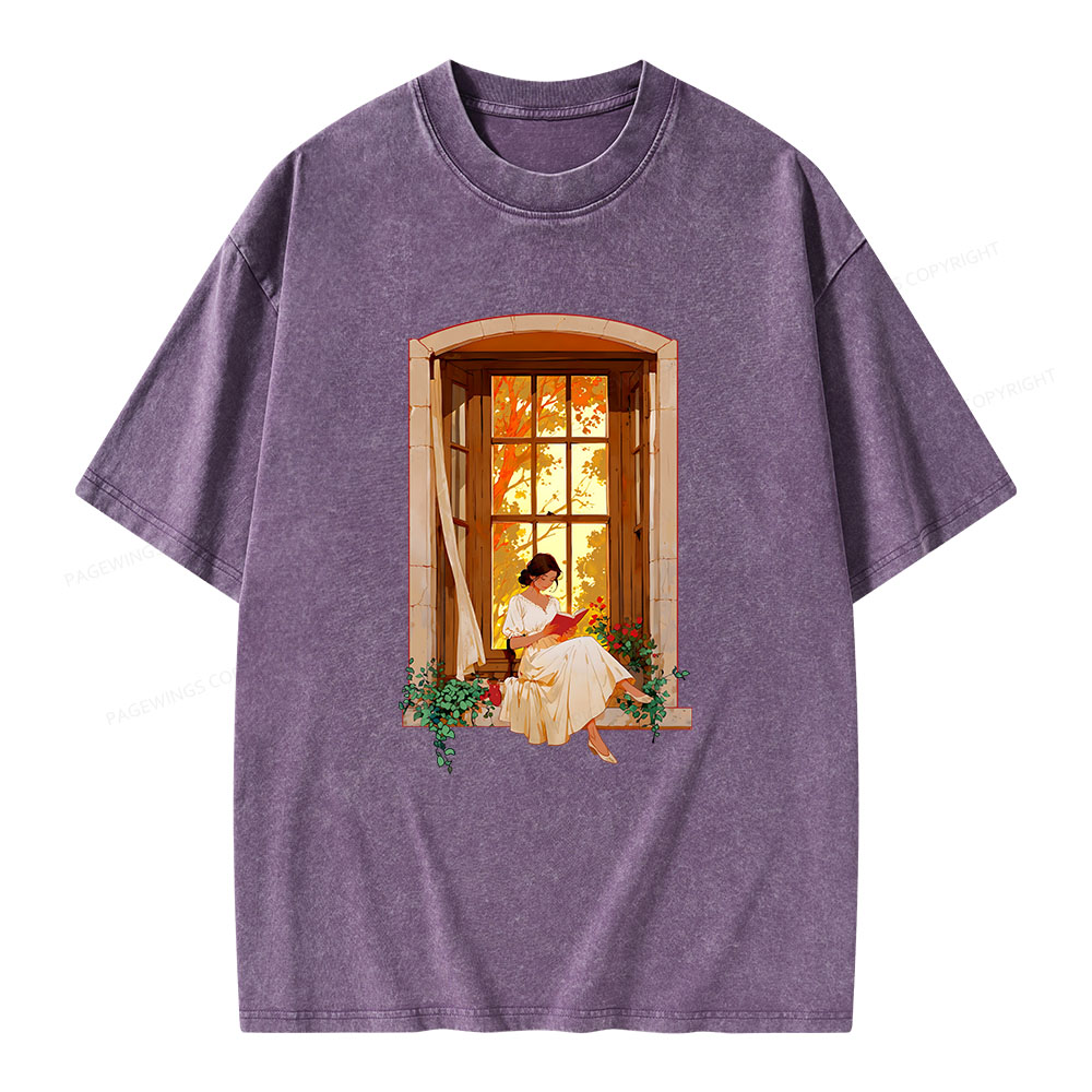 Pagewings Book Lovers Reading By The Window  Unisex Washed T-shirt