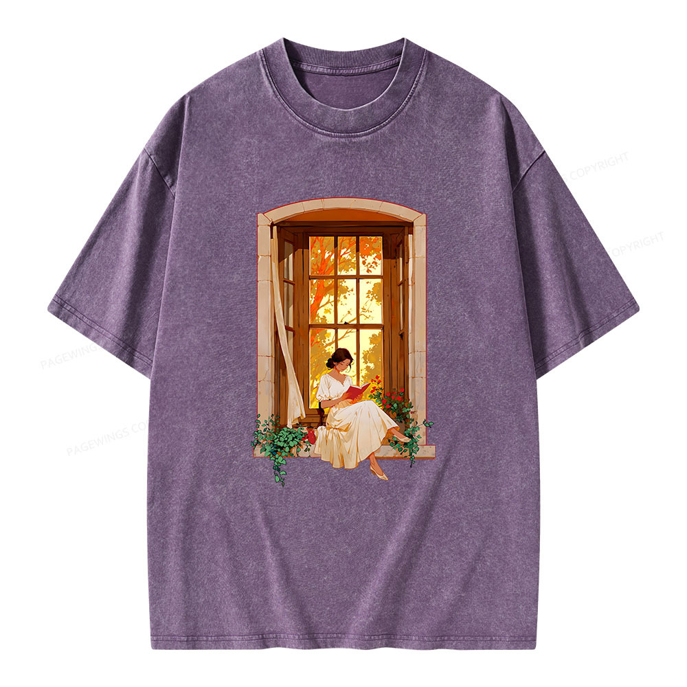 Pagewings Book Lovers Reading By The Window  Unisex Washed T-shirt