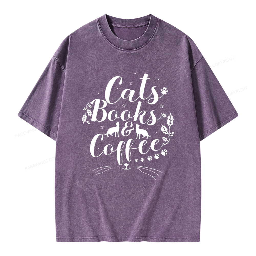 Pagewings Cats Books And Coffee Unisex Washed T-shirt