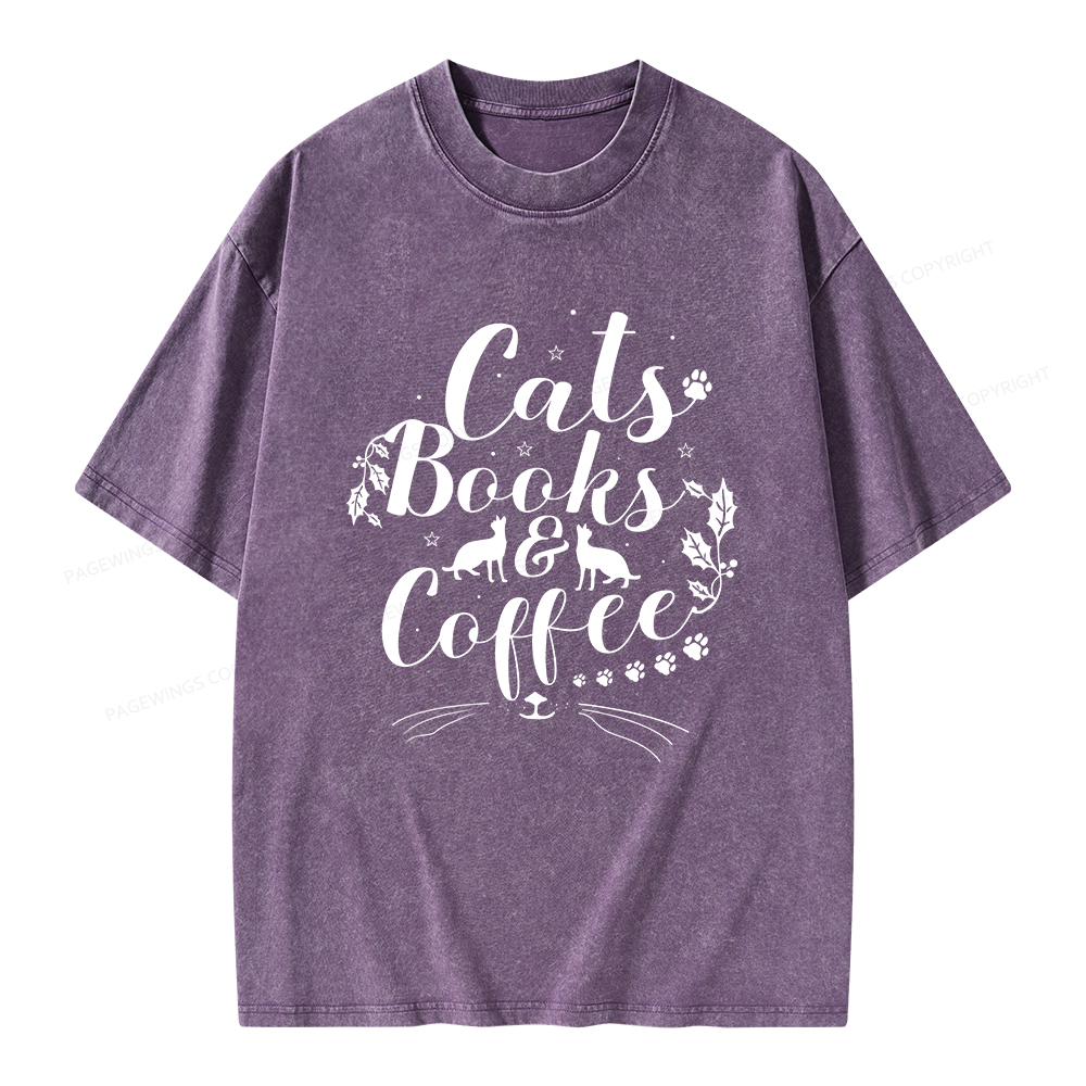 Pagewings Cats Books And Coffee Unisex Washed T-shirt