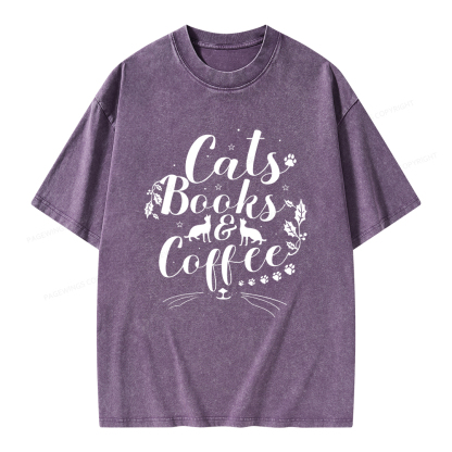 Pagewings Cats Books And Coffee Unisex Washed T-shirt