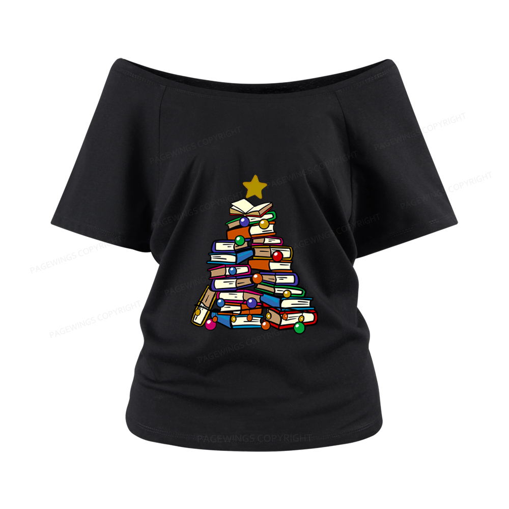 Pagewings Christmas Tree Bookworm Women Off Shoulder T-shirts