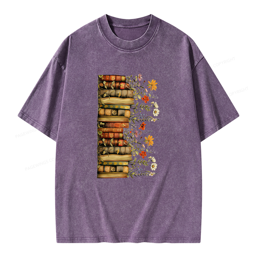 Pagewings Floral Books Unisex Washed T-shirt