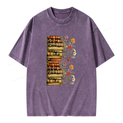 Pagewings Floral Books Unisex Washed T-shirt