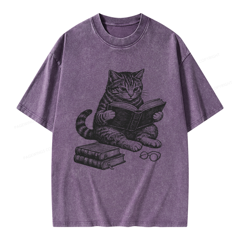 Pagewings Cat Reading Book Unisex Washed T-shirt
