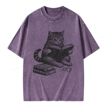 Pagewings Cat Reading Book Unisex Washed T-shirt