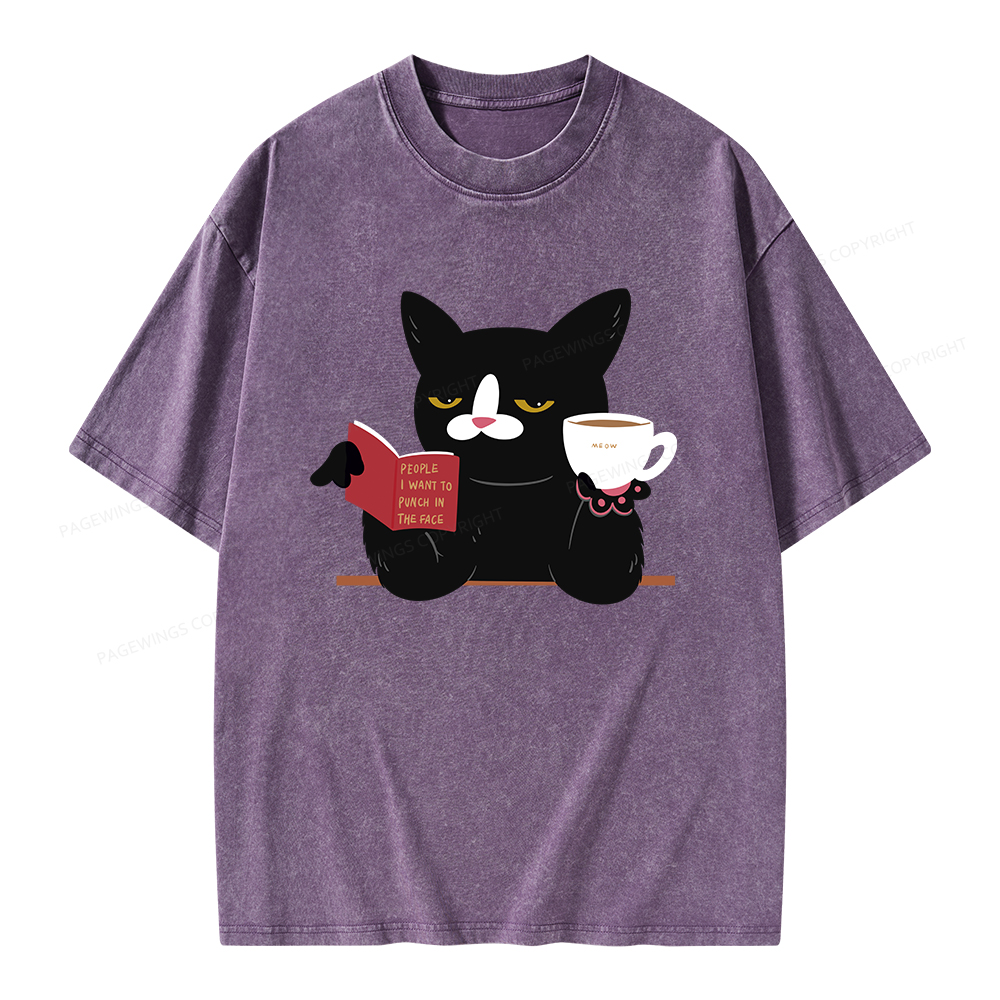 Pagewings A Cat Reading A Book While Drinking Coffee Unisex Washed T-shirt