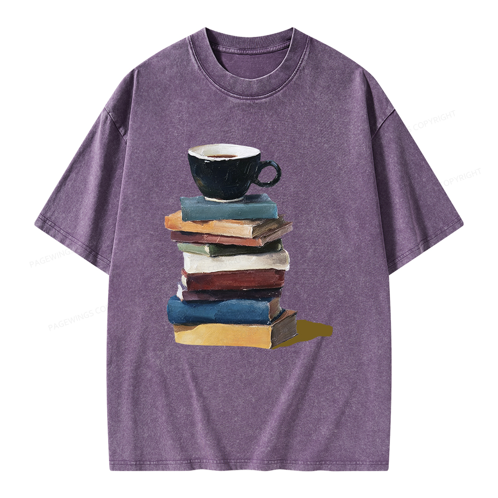 Pagewings Mini Coffee and Books Unisex Washed T-shirt