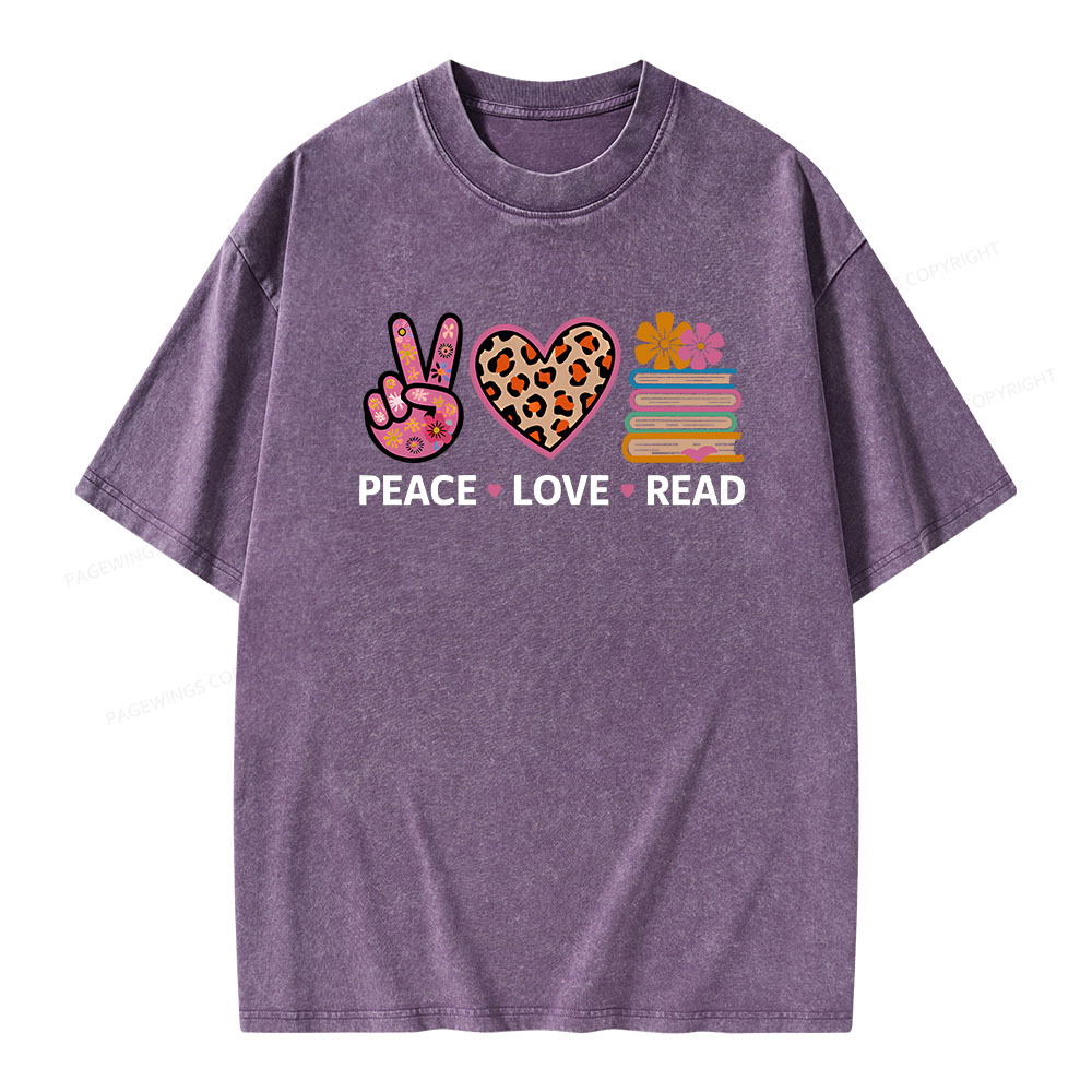 Pagewings Peace Love Read World Book Day Unisex Washed T-shirt