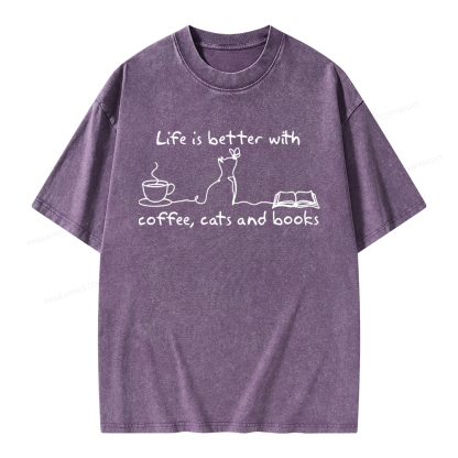 Pagewings Life Is Better With Coffee Cats And Books Unisex Washed T-shirt