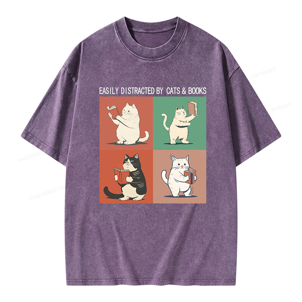 Pagewings Cute Easily Distracted by Cats Books Unisex Washed T-shirt