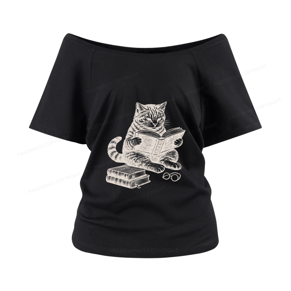Pagewings Cat Reading Book Women Off Shoulder T-shirts