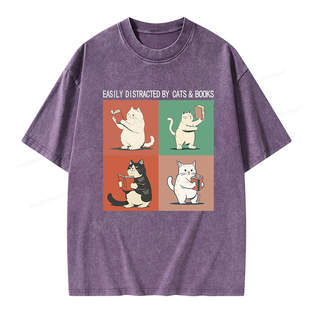 Pagewings Cute Easily Distracted by Cats Books Unisex Washed T-shirt