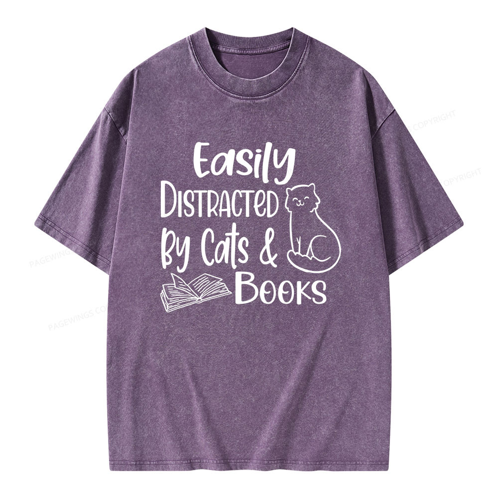 Pagewings Easily Distracted By Cats And Books Unisex Washed T-shirt