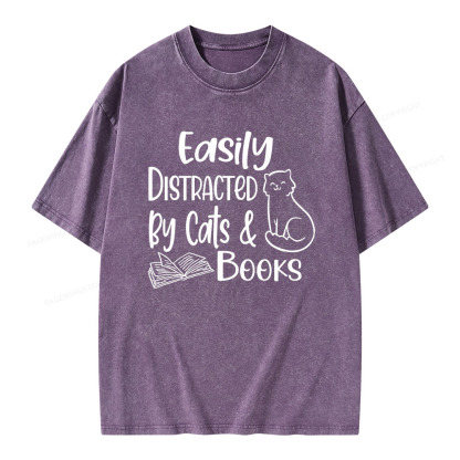 Pagewings Easily Distracted By Cats And Books Unisex Washed T-shirt
