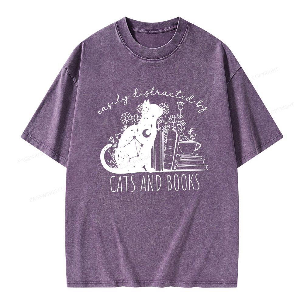 Pagewings Easily Distracted By Cats And Books Unisex Washed T-shirt