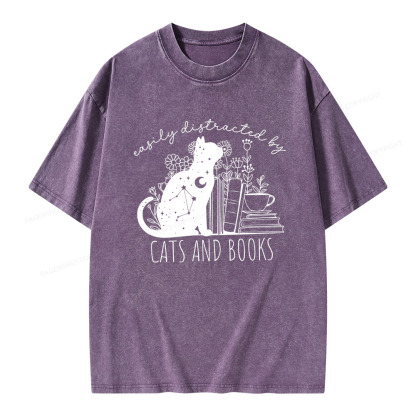 Pagewings Easily Distracted By Cats And Books Unisex Washed T-shirt