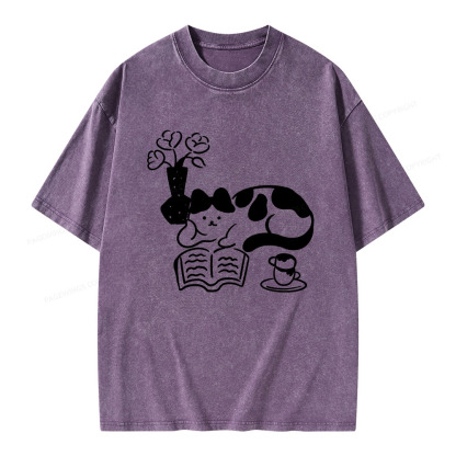 Pagewings The Cat Who Loves Reading Unisex Washed T-shirt