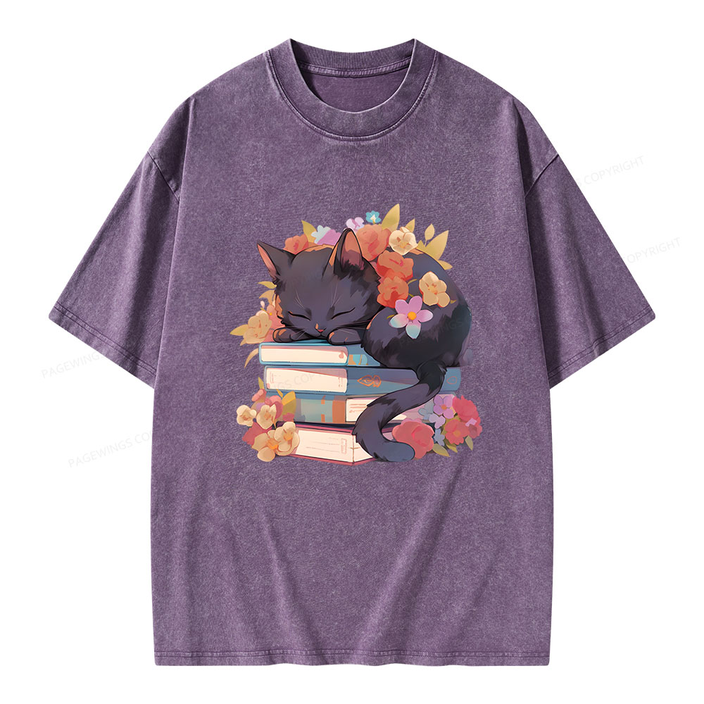 Pagewings Black Cat Sleeping on Books Unisex Washed T-shirt