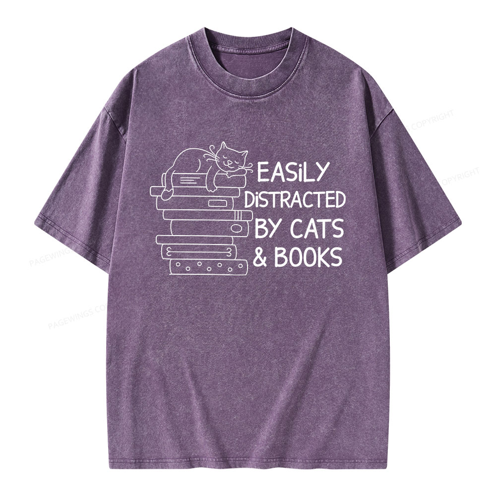 Pagewings Easily Distracted By Cats And Books Unisex Washed T-shirt