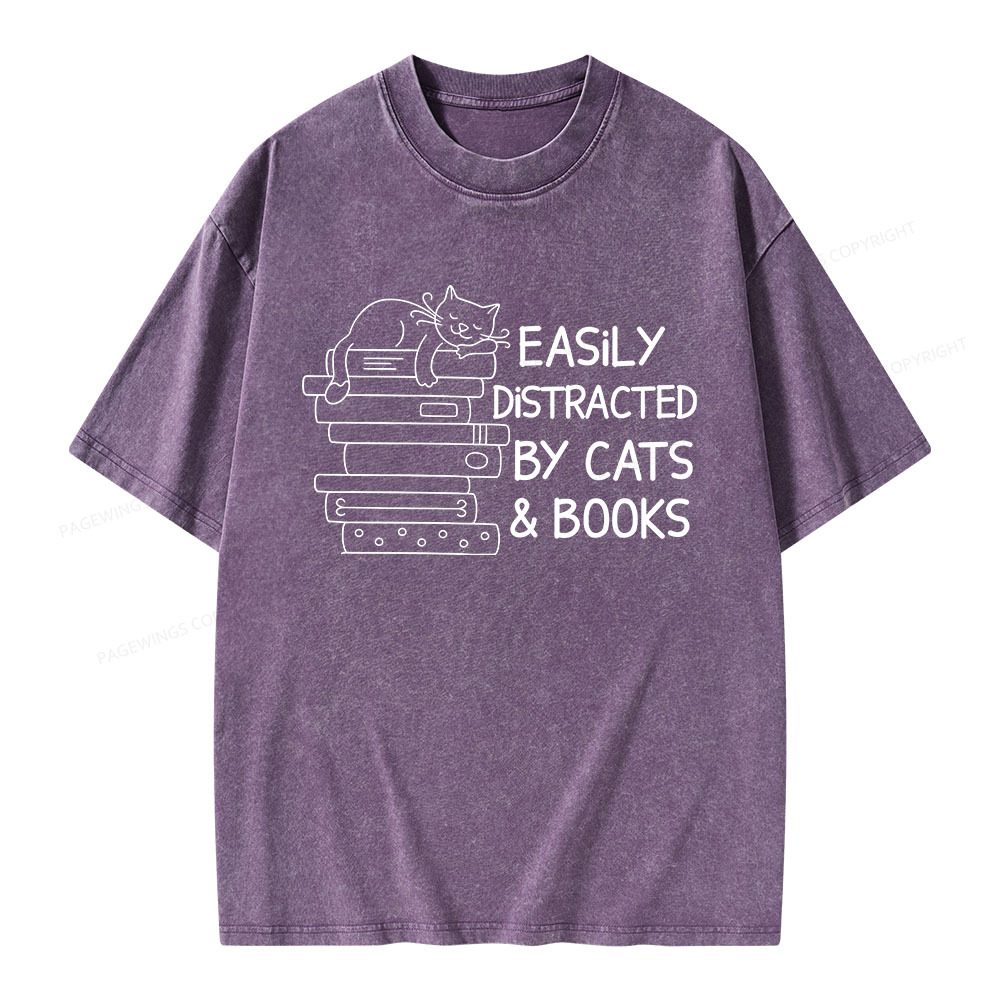 Pagewings Easily Distracted By Cats And Books Unisex Washed T-shirt