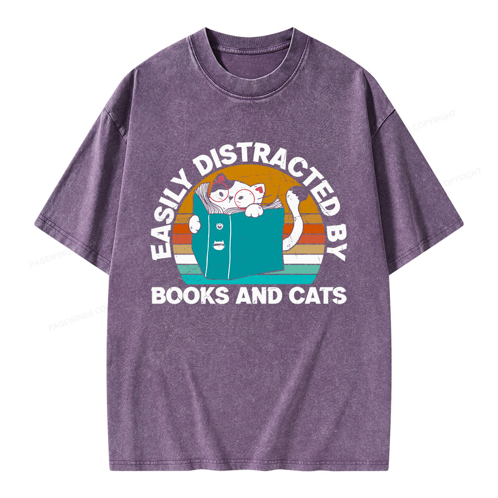 Pagewings Easily Distracted By Books And Cats Unisex Washed T-shirt